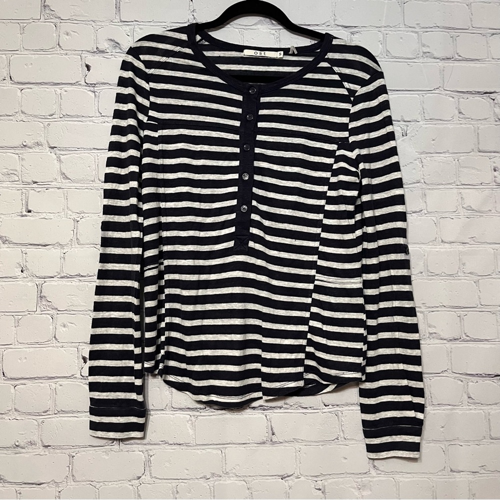 Beatrix Ost Dark Navy Striped Long Sleeve Linen Top Size Small Nautical Beach